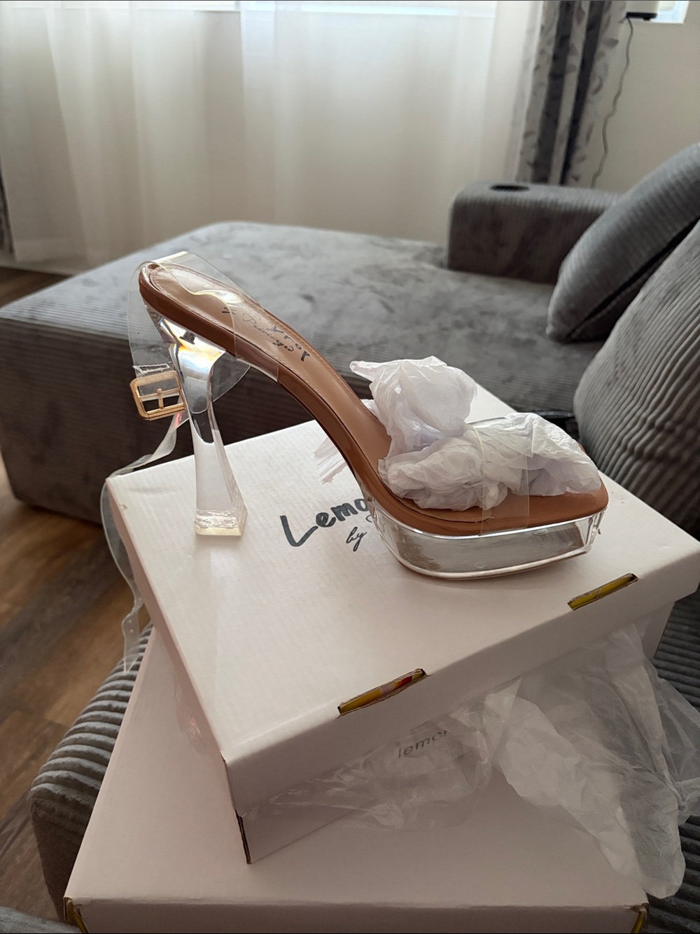 Clear Strap Clear Heel Sandal in Nude - Lemon drop by privileged.